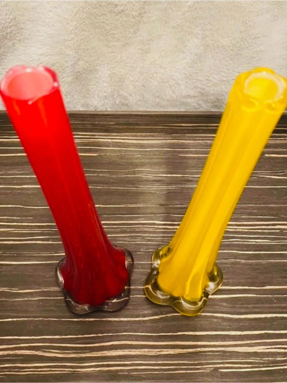 Vintage Red & Yellow Art Glass Vases – Unique Pair with Elephant Foot Bases